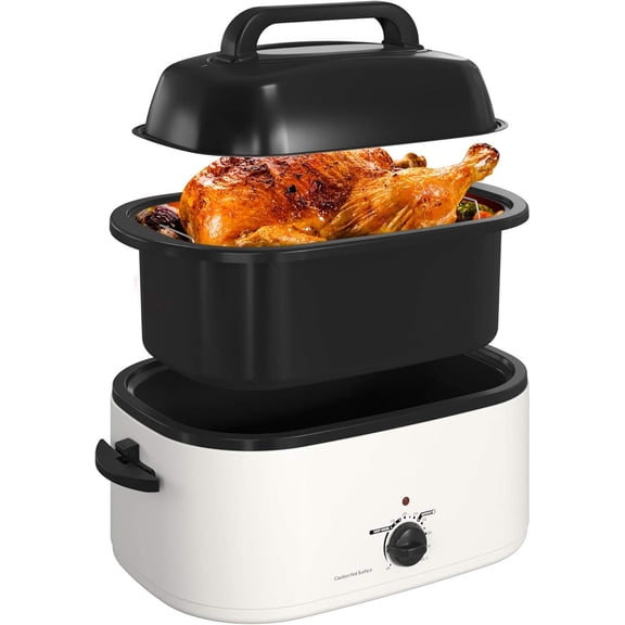 22-Quart Electric Roaster Oven with Self-Basting Lid, Removable Pan and Rack, White