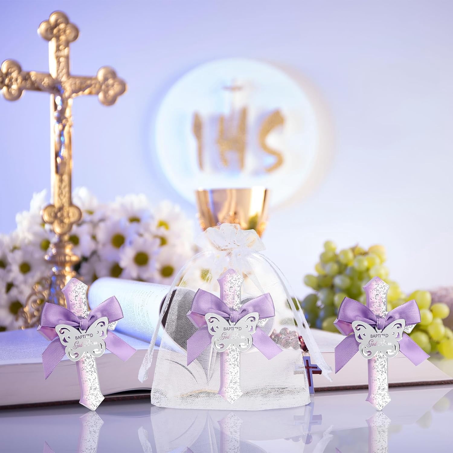 12 Pcs Baptism Favors for Guests Epoxy Cross Fridge Magnets First Communion Cross with Flower Christian Souvenirs Gift for Baptism Christening Baby Shower Party Family Gathering (Purple)