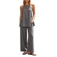 thumbnail image 3 of akafmk Womens 2 Piece Linen Sets Fashions Spaghetti Straps Cami Top with Back Tied and Wide Leg Pants Set Casual Beach Travel Outfits, 3 of 7
