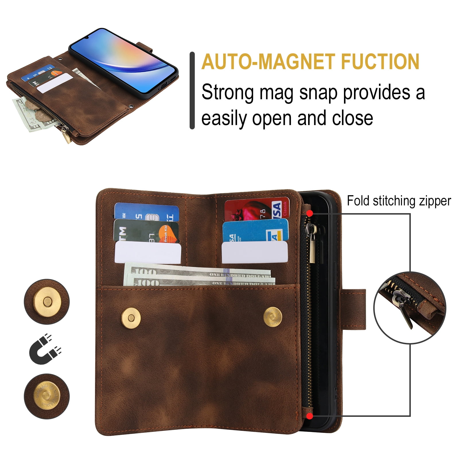 for Samsung Galaxy S24 FE Wallet Case with Card Holder for Women Men, Phone Case RFID Blocking PU Leather Flip Shockproof Cover with Shoulder + Wrist Strap Zipper Credit Card Slots Stand, Brown