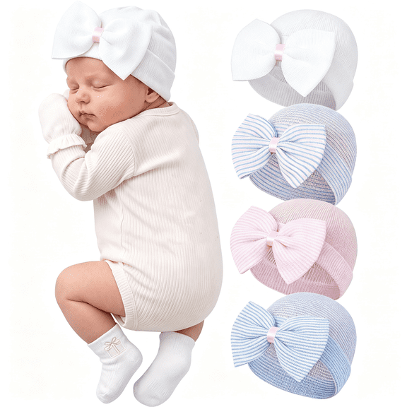TELOLY Hospital Newborn Hat Girl with Bow Infant Baby Beanie First Photos,Stretch-Cotton Knit Hats for Newborn Girls,Hospital Bags,Coming Home,Nursery,Sleep,Photos,And Baby Shower Gifts.