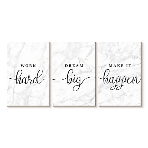 Elephant Stock Work Hard And Make It Happen Typography Wall Art - Horizontal Multi Panel Canvas - Living Room Wall Decor - Inspirational And Typography Multi Panel - White And Gray Decor - 26" x 12"