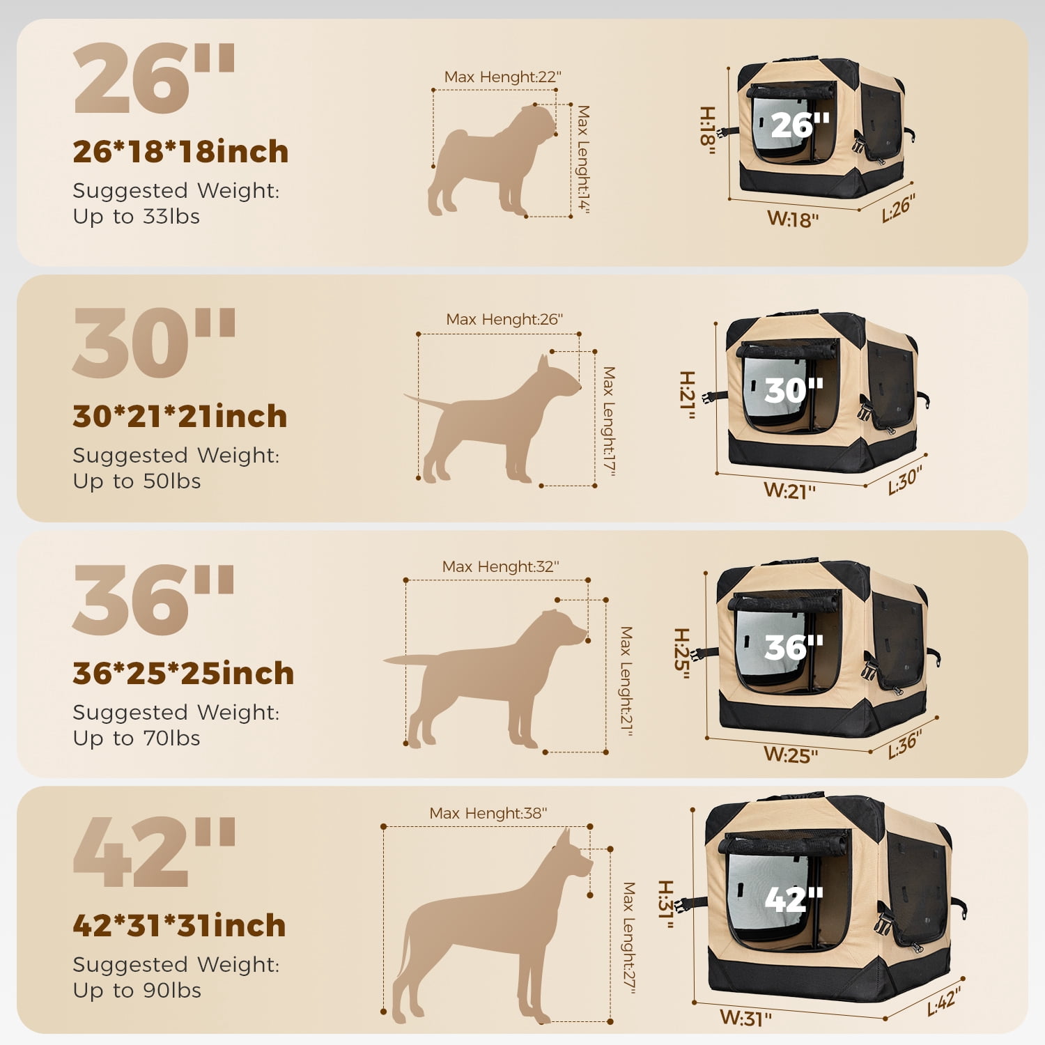 Petsee Collapsible Dog Crate - Portable Travel Kennel for Extra Large Dog, 4-Door Pet Crate with Mesh Windows, Indoor & Outdoor, Beige & Gray