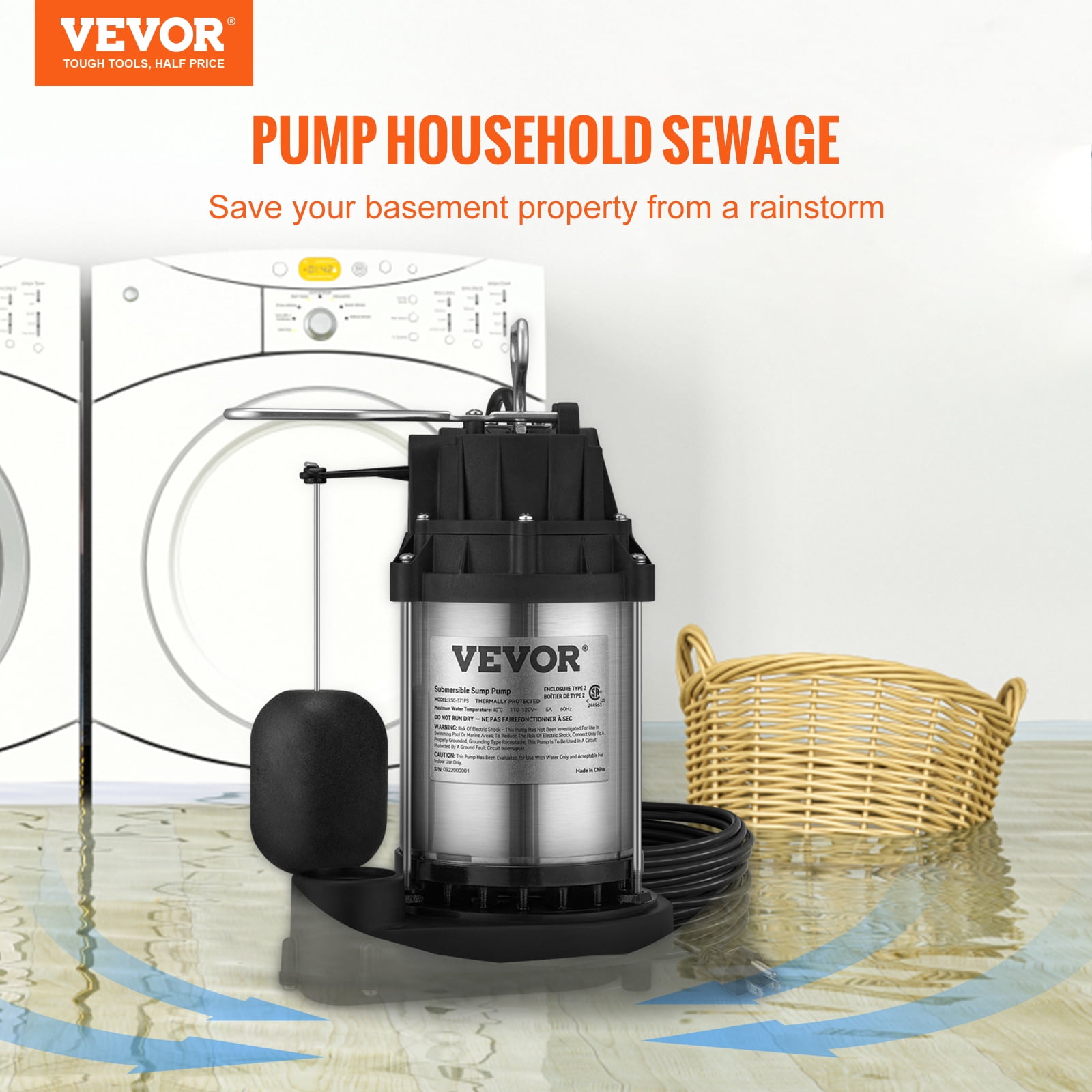 VEVOR 1/2 HP Submersible Sump Pump, 4320 GPH, Stainless Steel, Automatic Float Switch
