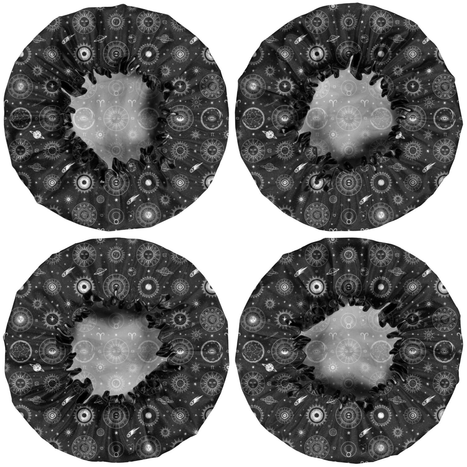 Shower Caps,Black Gothic Astrology Symbol Pattern Waterproof Shower Cap for Women 4 Pieces,Double Reusable Hair Cover for Shower PEVA Elastic Stretch Hem