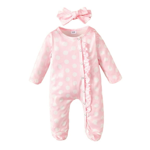 Infant Newborn Baby Girl Clothes Onesies Long Sleeve Ruffle Baby Footed Clothes with White Polka Dot Printed Baby Clothes for Girls