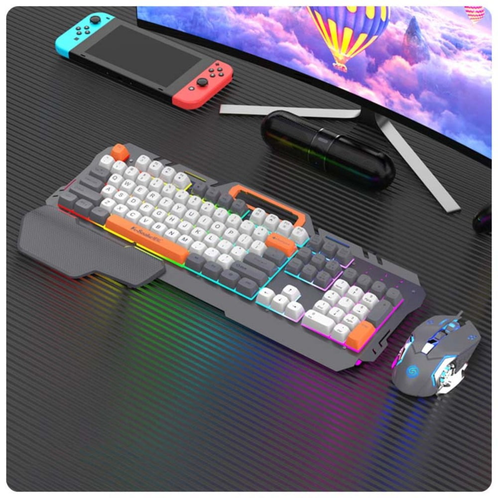 Wired gaming keyboard and mouse combination, RGB illuminated keyboard, metal panel with extended wrist rest, 104 key rainbow backlit wired gaming keyboard, full-size computer keyboard