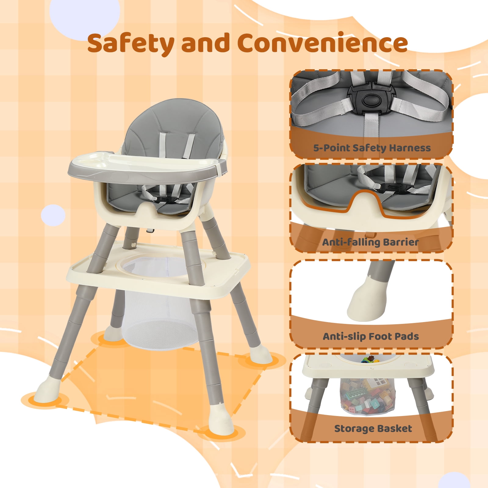 PEXMOR 7 in 1 Convertible Baby High Chair, Leather Cushion Eating Table Chair Set for Babies Toddlers, Gray