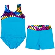 Wenchoice Blue Rainbow Mermaid Scale Leotard Shorts Set Girl'S Xl(7Y-8Y)