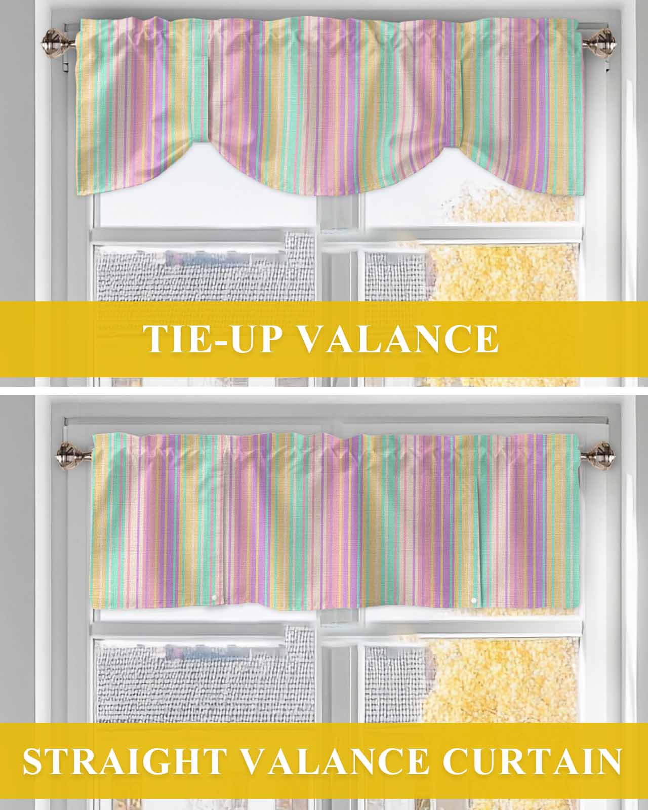 Colorful Striped Tie Up Valances Curtain, Yellow Stripe Vintage Linen Texture Kitchen Valances for Windows Decor, Rod Pocket Short Curtains Set for Bedroom/Bathroom, 60"x18"