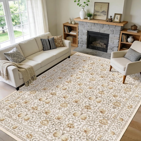 8x10 Vintage Area Rug, Washable Non Slip Low Pile Living Room Rug, Beige Yellow