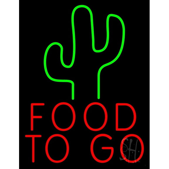 Food To Go With Cactus LED Neon Sign 15 x 19 - inches, Clear Edge Cut Acrylic Backing, with Dimmer - Bright and Premium built indoor LED Neon Sign for restaurant window and interior decor.