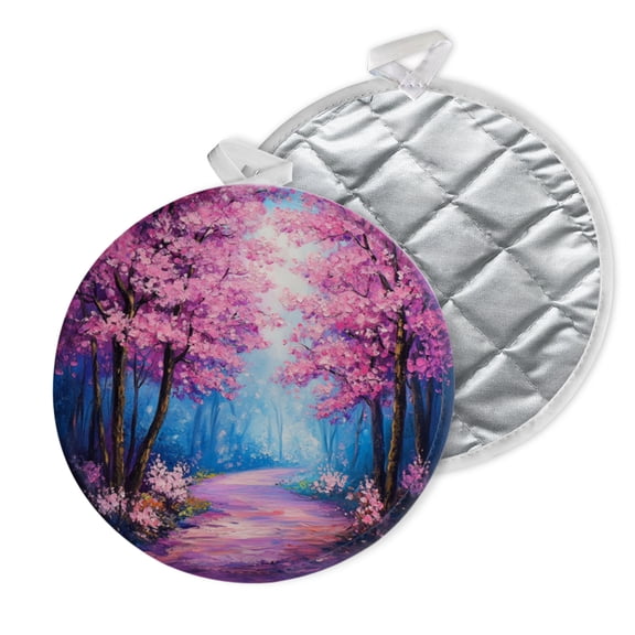 2 PCS Pot Holders for Kitchen,Potholders Sets with Hook for Oven,Cooking,Baking,Pink Cherry Blossom Trees Path Through The Woods
