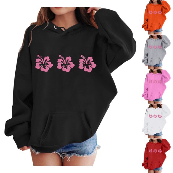Zpanxa Girls Hibiscus Flower Embroidered Hoodie Sweatshirt Long Sleeve Pullover Kangaroo Pocket Toddler
