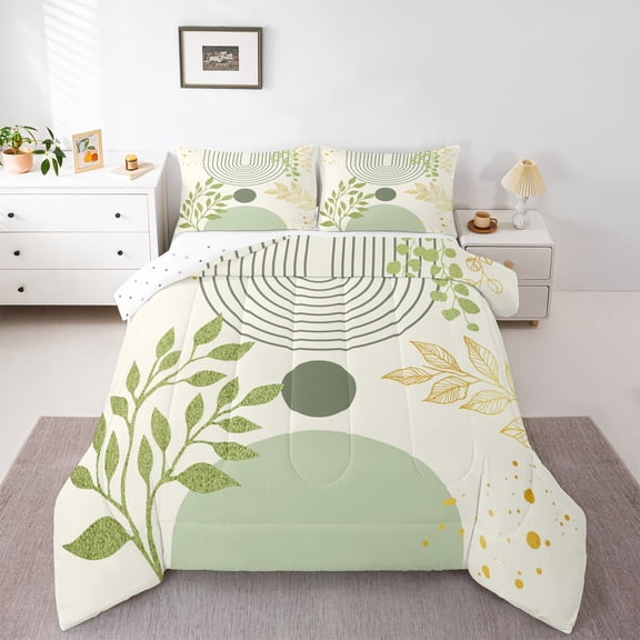 Homewish Geometric Stripes Circle 2pcs Bedding Comforter Set for Female Men Teens,Vintage Aesthetic Twin Comforter Sets,Botanical Plants Leaves Breathable Bedding Set,Breathable Home Decor