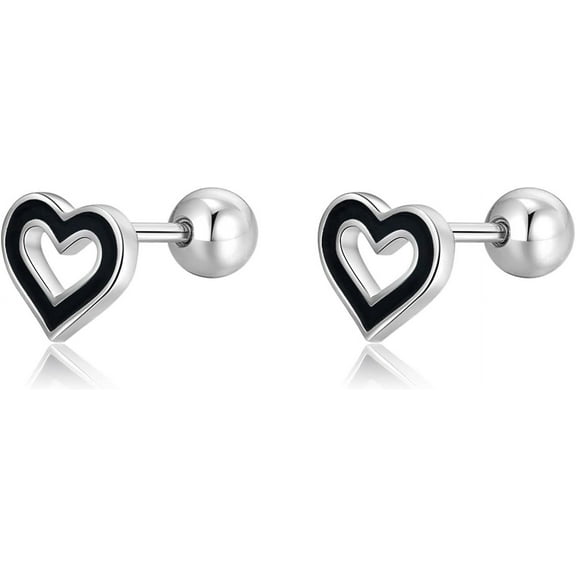 Solid 925 Sterling Silver Black Heart Studs Earrings for Women Small Love Heart Earrings Studs Helix Open Heart Earrings Cartilage Tragus Screwback Studs
