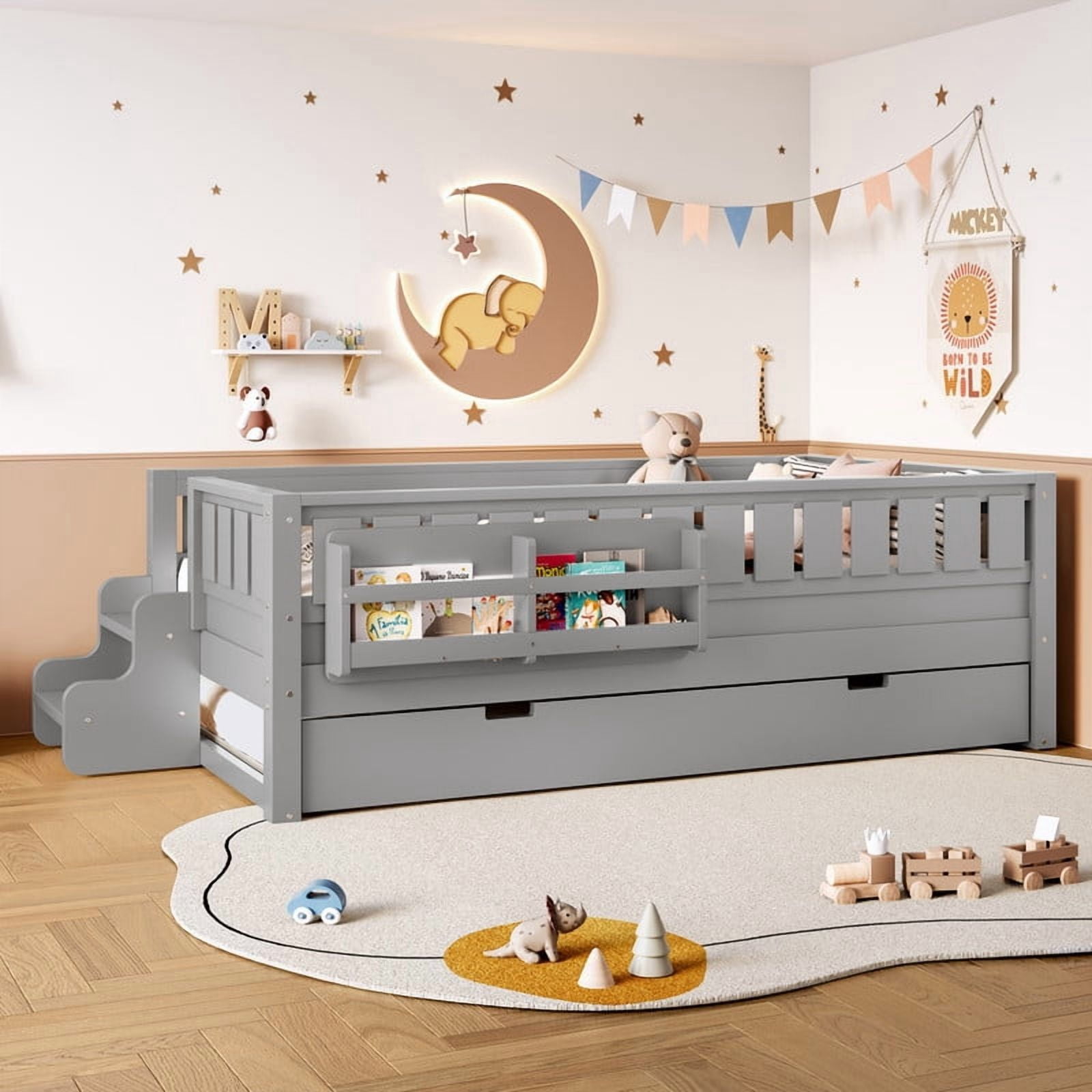 Twin Size Low-Profile Kid's Platform Bed with Built-in Bookshelves & Small Staircase, Wooden Bed Frame with Safety Rails & Trundle