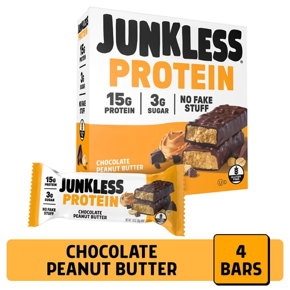 JUNKLESS Peanut Butter Chocolate Protein Bar, 15 g Protein, High Fiber, Gluten Free, 1.9 oz, 4 Count