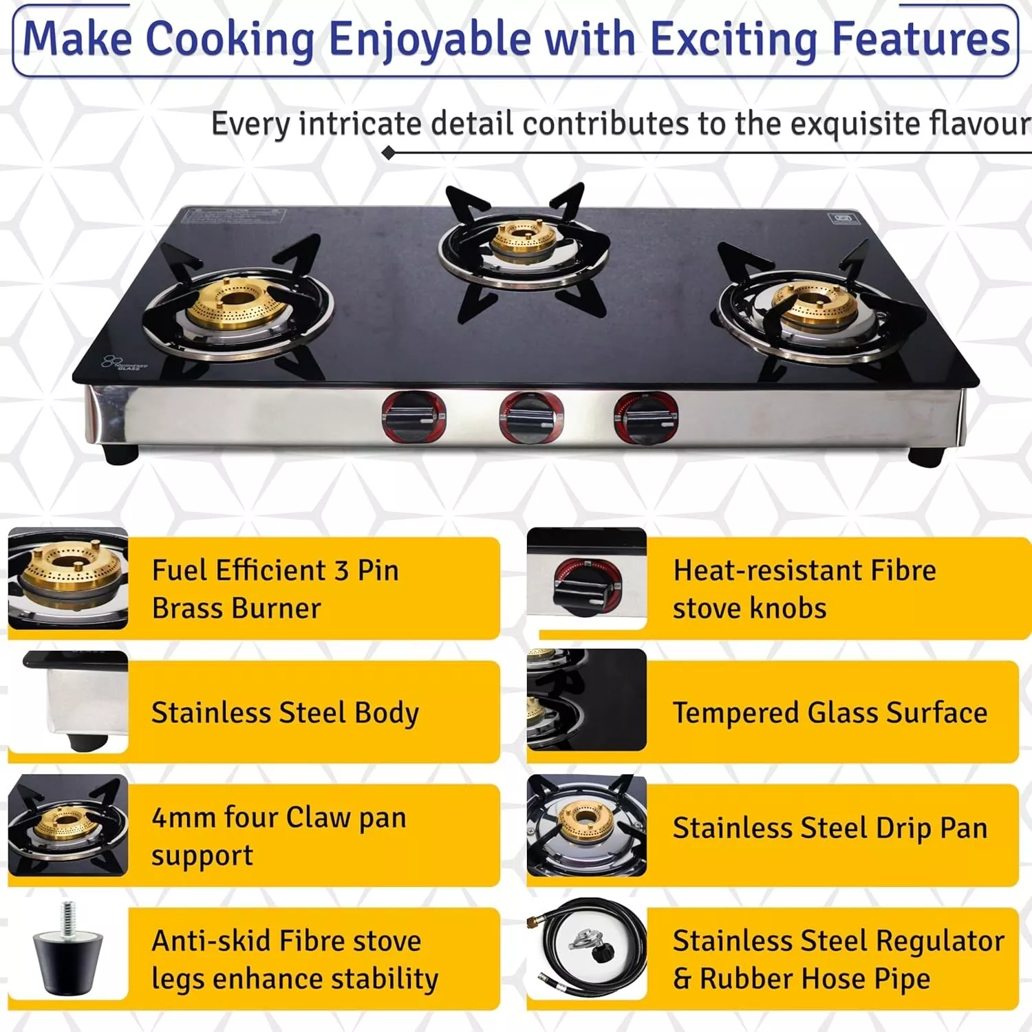 3 Burner Propane Stove - 30" Black Tempered Glass Counter Top Stove Gas Camping Stove with Stainless Steel Base 3 Burner Gas Stove Top for Cooking Range Gas kitchen Stove, with Hose & Regulator
