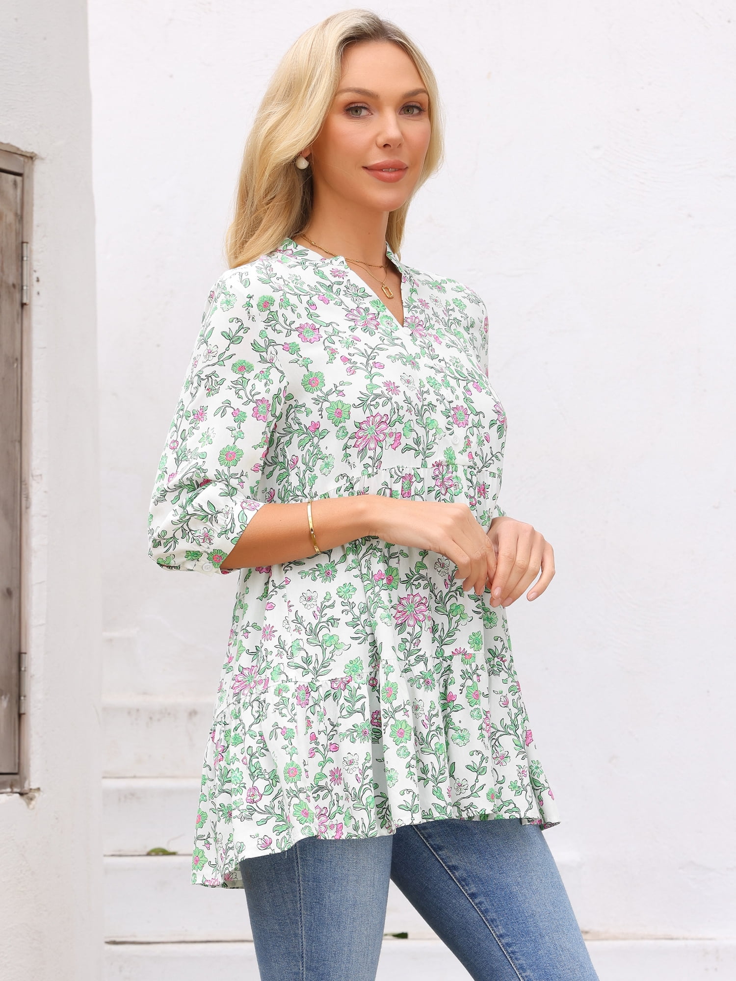 DARING DIVA Women's Floral Notch V Neck 3/4 Sleeve Babydoll Ruffle Tunic Blouse XL White