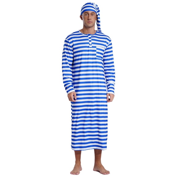 Hansber Men's Pajama Set 2Pcs Long Sleeve Striped Nightshirt with Sleeping Cap Nightwear Royal Blue L