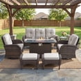 thumbnail image 2 of Patiobula Patio Furniture Set with Propane Fire Pit Table, 7 Pieces Outdoor Sectional Couch, Brown Wicker Rattan Conversation Sofa with Swivel Chair Ottoman for Garden Backyard Deck, Beige, 2 of 14