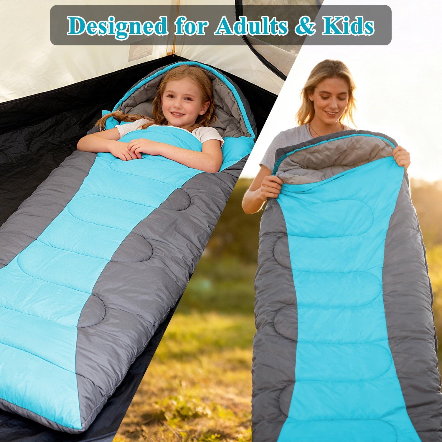 Teblint Camping Sleeping Bag for Adults Kids, 4-Season Cold Weather Sleeping Bag, Waterproof & Compression Sack Included, Camping Essentials Gear Accessories Hiking Sleep Must Haves (Blue)