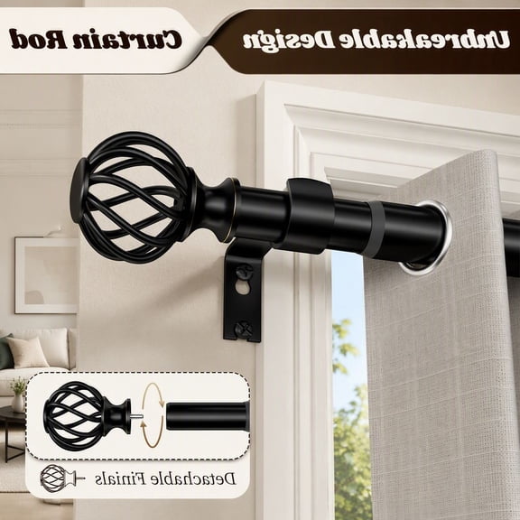 1 Pack Curtain Rod, 48-90 Inch Adjustable, 1 Inch Diameter Metal Rod, Matte Black, Heavy Duty for Living Room Bedroom Kitchen