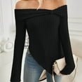 thumbnail image 4 of Kaemgyyd Off the Shoulder Tops for Women Basic Solid Color Long Sleeve Tops Rib Knit Sweater Asymmetrical Hem Pullover, 4 of 5