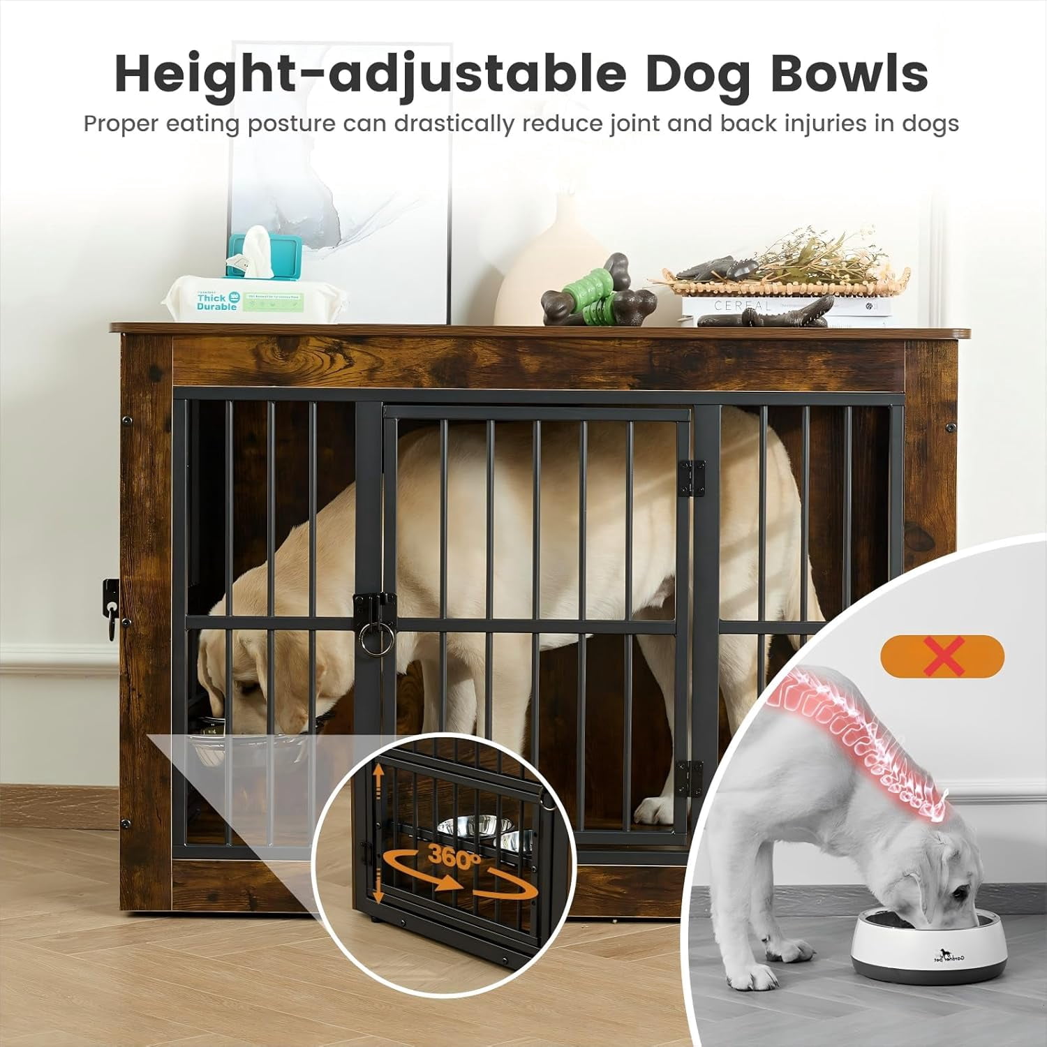 Nomipaw Wooden Dog Crate Furniture,Double-Doors Kennel Indoor for Small or Medium Dogs,Dog Cage Table with Steel Lock & Waterproof Top,Brown With Dog Bowls