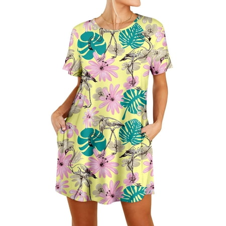 

MHL Women Flamingo Leaf Pineapple Print Round Neck Short Sleeve Sleep Dress