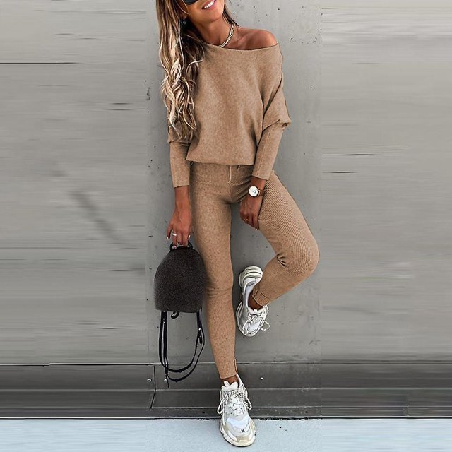 Ladies Womens Two Piece Outfit Long Sleeve One Shoulder Pullover Tops And Long Pants Tracksuit