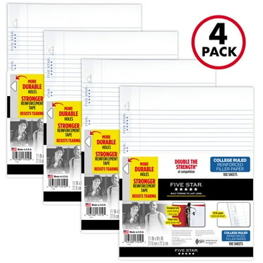 Five Star Reinforced Filler Paper, College Ruled, 11" x 8 1/2", 4 Pack (38032)
