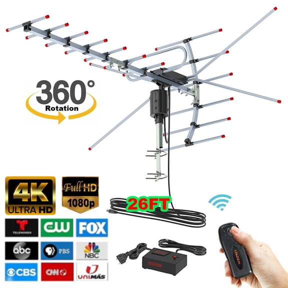 Ouhe Outdoor Digital Amplified HD TV Antenna - 360 Degree Rotation Remote Control - Up to 200 Miles Long Range Support 2 Frequencies UHF VHF 4K UHD 1080P 720P HDTV TV Aerial With Cable