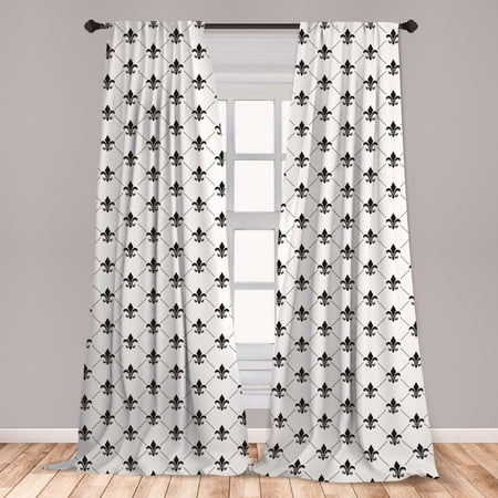 Fleur De Lis Curtains 2 Panels Set, French Damask Composition Monochrome Pattern Royal Classic Insignia Motif, Window Drapes for Living Room Bedroom, Black White, by Ambesonne