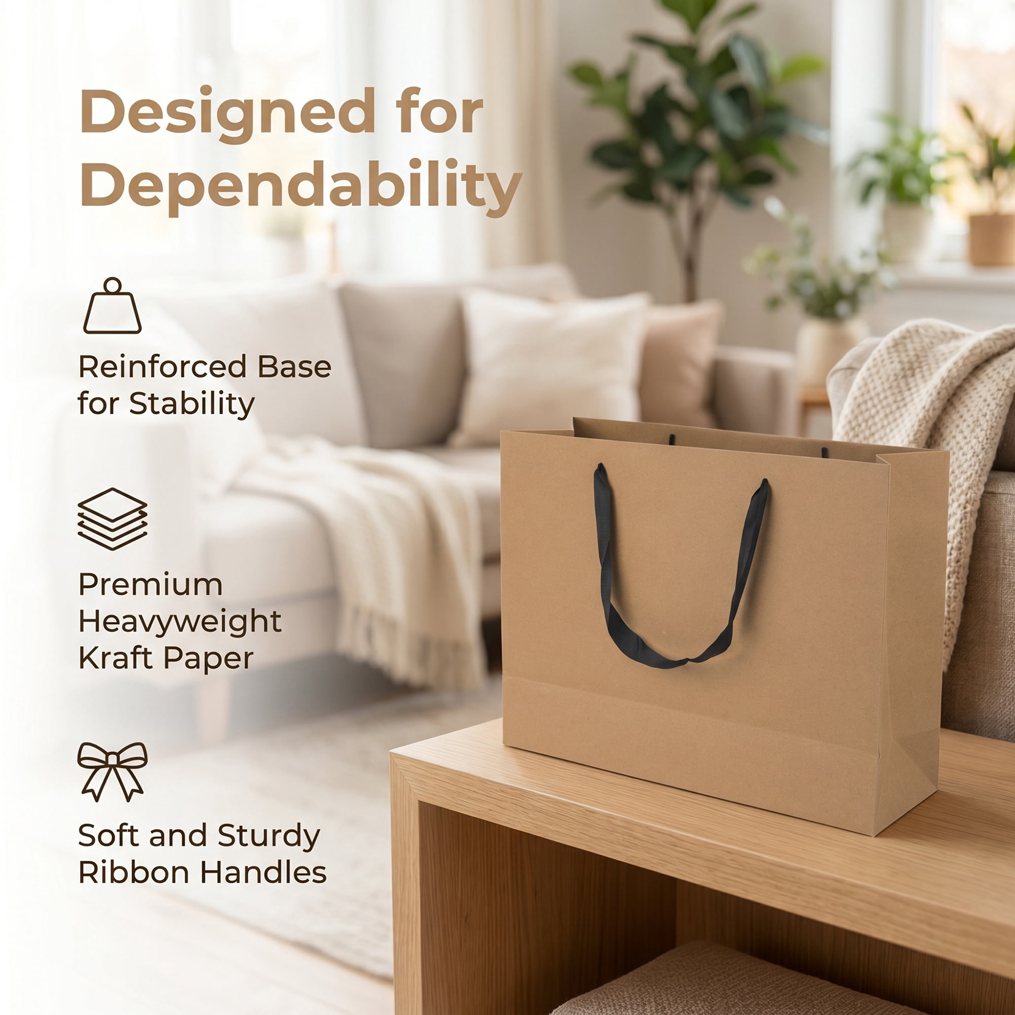 Unique Bargains Sturdy Thick Horizontal Paper Gift Bags Brown 12.6" x 4.3" x 9.8"