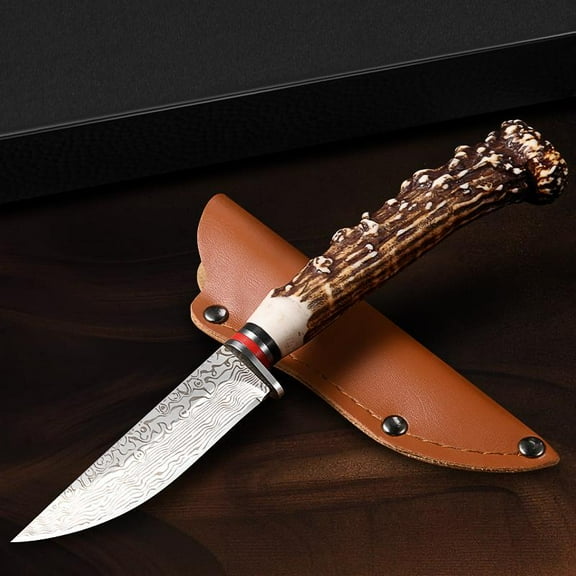 Damascus Pattern Blade Knife with Angular Mimic Handle, Multi-functional Outdoor Kitchen Knife with Sheath Cover, Upgraded Knife Box for Holiday Gift