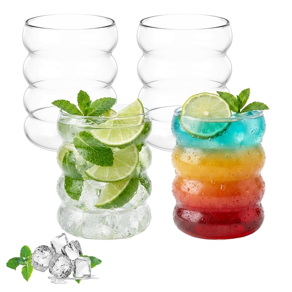 4PCS Glass Drinking Cup 300ml Matcha Coffee Glassware Set Vintage Ribbed Latte Glass Iced Coffee Transparent Drinking Glasses for Milk Juice Tea