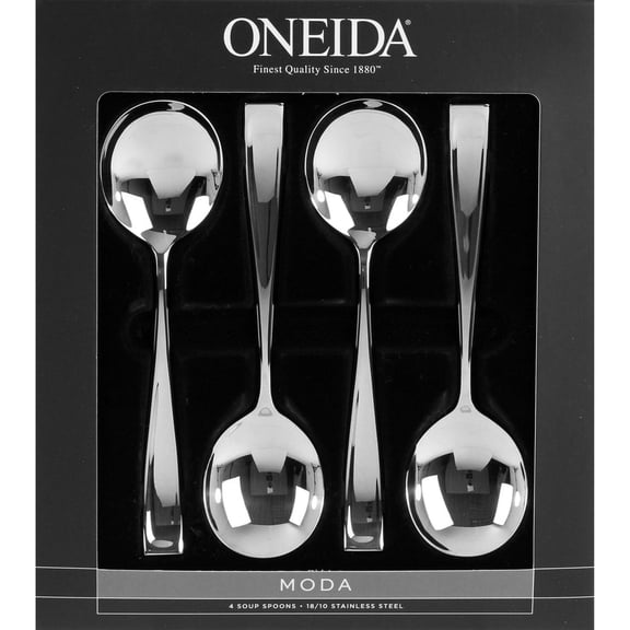 Oneida Moda Stainless Steel Fine Flatware Soup Spoons, Set of 4, Dishwasher Safe
