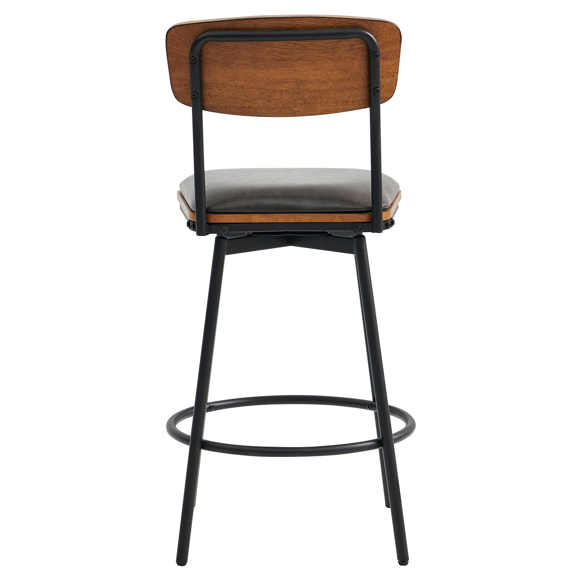 Spruce & Spring Counter Height Swivel Bar Stool with Wood Back and Metal Base Set of 3, Dark Grey, Faux Leather