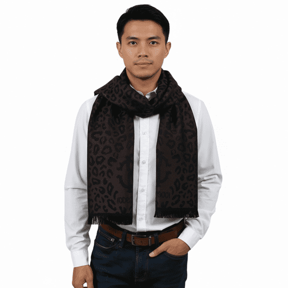 Roberto Cavalli ESZ029 03503 Dark Brown Wool Blend Leopard Print Mens Scarf for mens