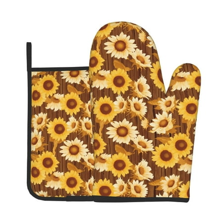 

Lukts Vintage Wood Grain Sunflower B Print Kitchen Heat-Resistant Gloves and Spacers 2pcs Set Suitable for Baking and Cooking