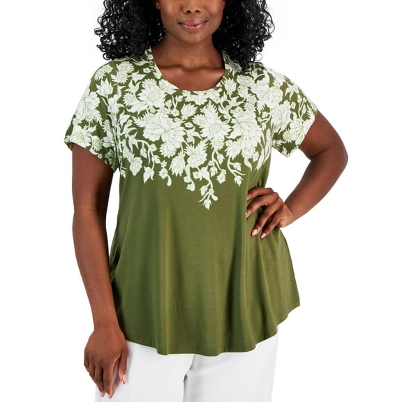 Plus Size Floral-Print Short-Sleeve Top New Avocado Combo 3X