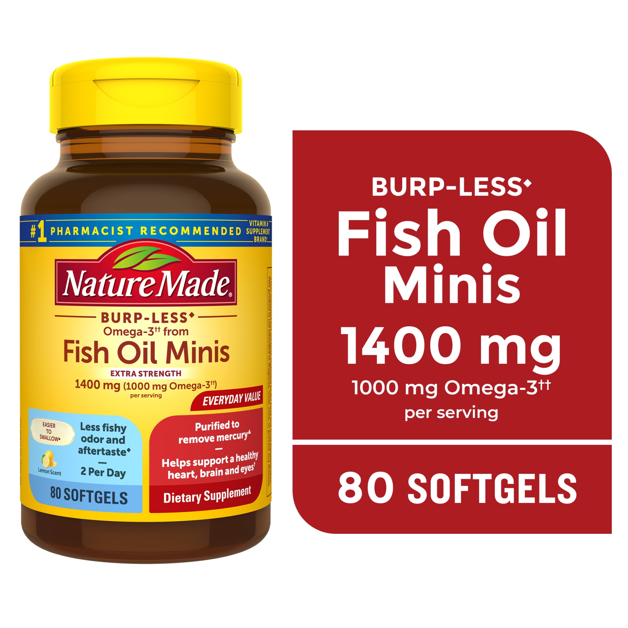 (3 pack) Nature Made Extra Strength Burp Less Omega 3 Fish Oil Supplements 1400 mg Minis Softgels, 80 Count