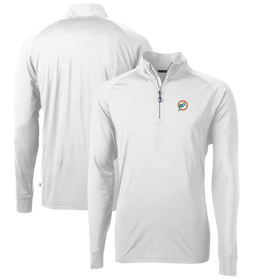 Men's Cutter & Buck White Miami Dolphins Adapt Eco Knit Stretch Recycled Quarter-Zip Throwback Pullover Top