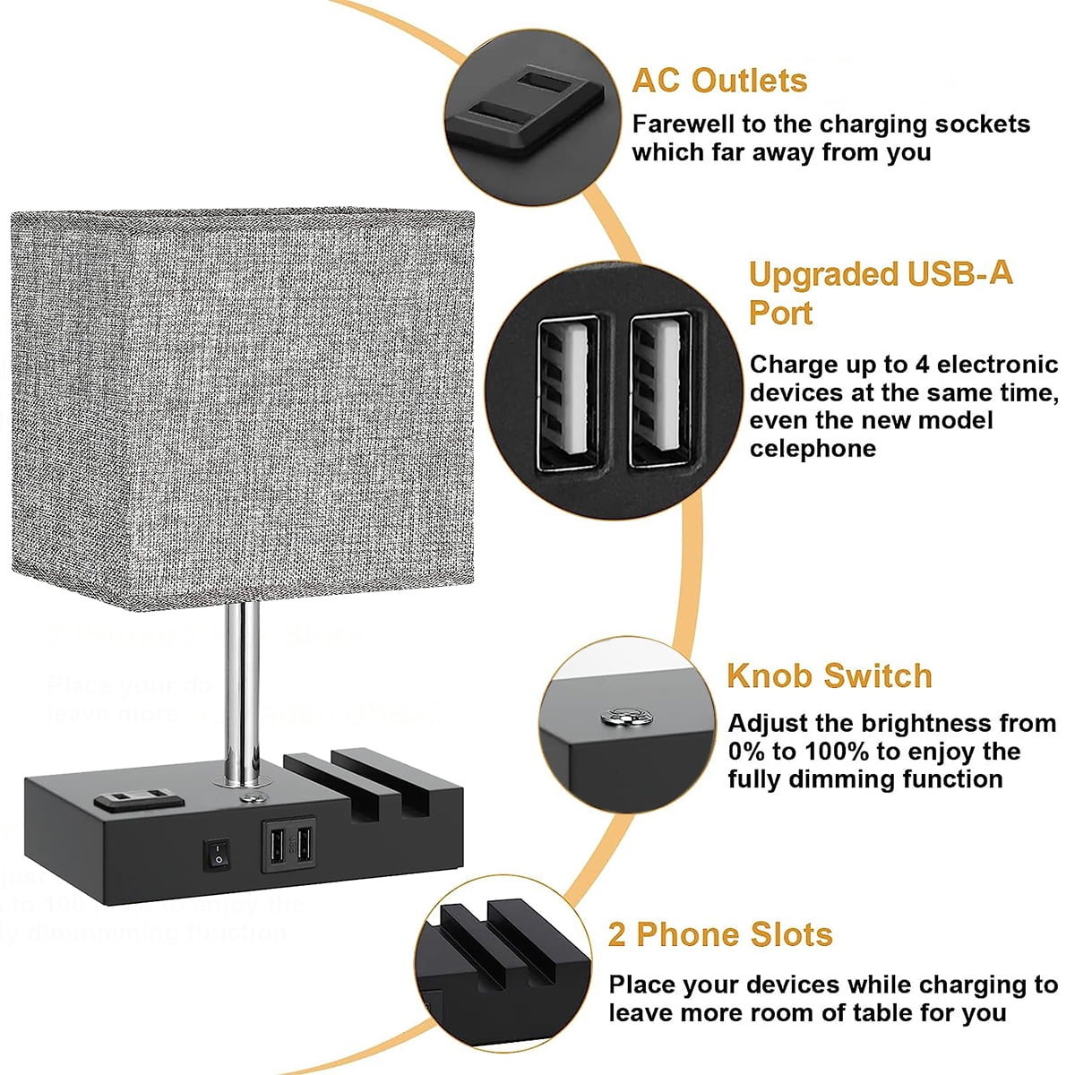 Bedside Table Lamp for Bedroom, Brochao Nightstand Lamp with AC Outlet Port, 2 USB Charging Ports & 2 Phone Stands, 3 Way Dimmable Touch Lamp for Living Room, Dorm, Office