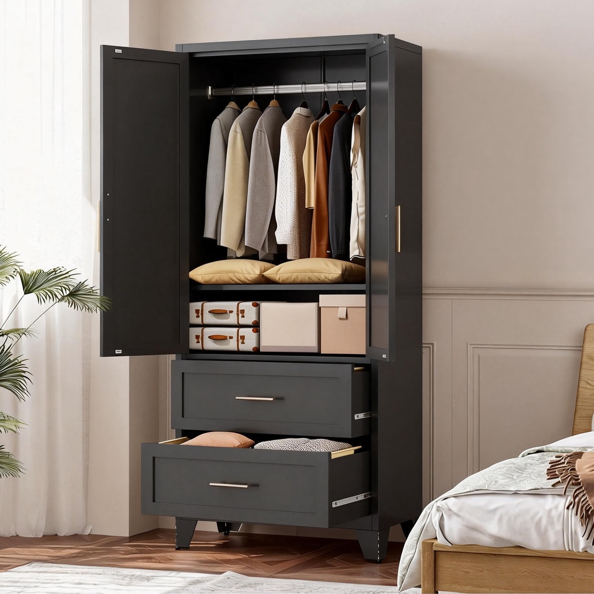 Miniyam 71" Tall Metal Wardrobe Cabinet with 2 Drawers & Hanging Rod, 2-Door Storage Closet for Bedroom Office Laundry Room (Black)