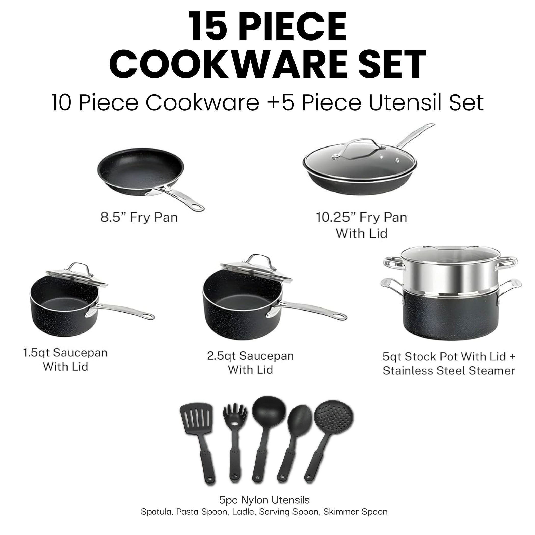 Granitestone Diamond Nonstick Pots and Pans 15 Piece Kitchen Cookware Set Cooking Frying Sauce Pan Stock Pot Black