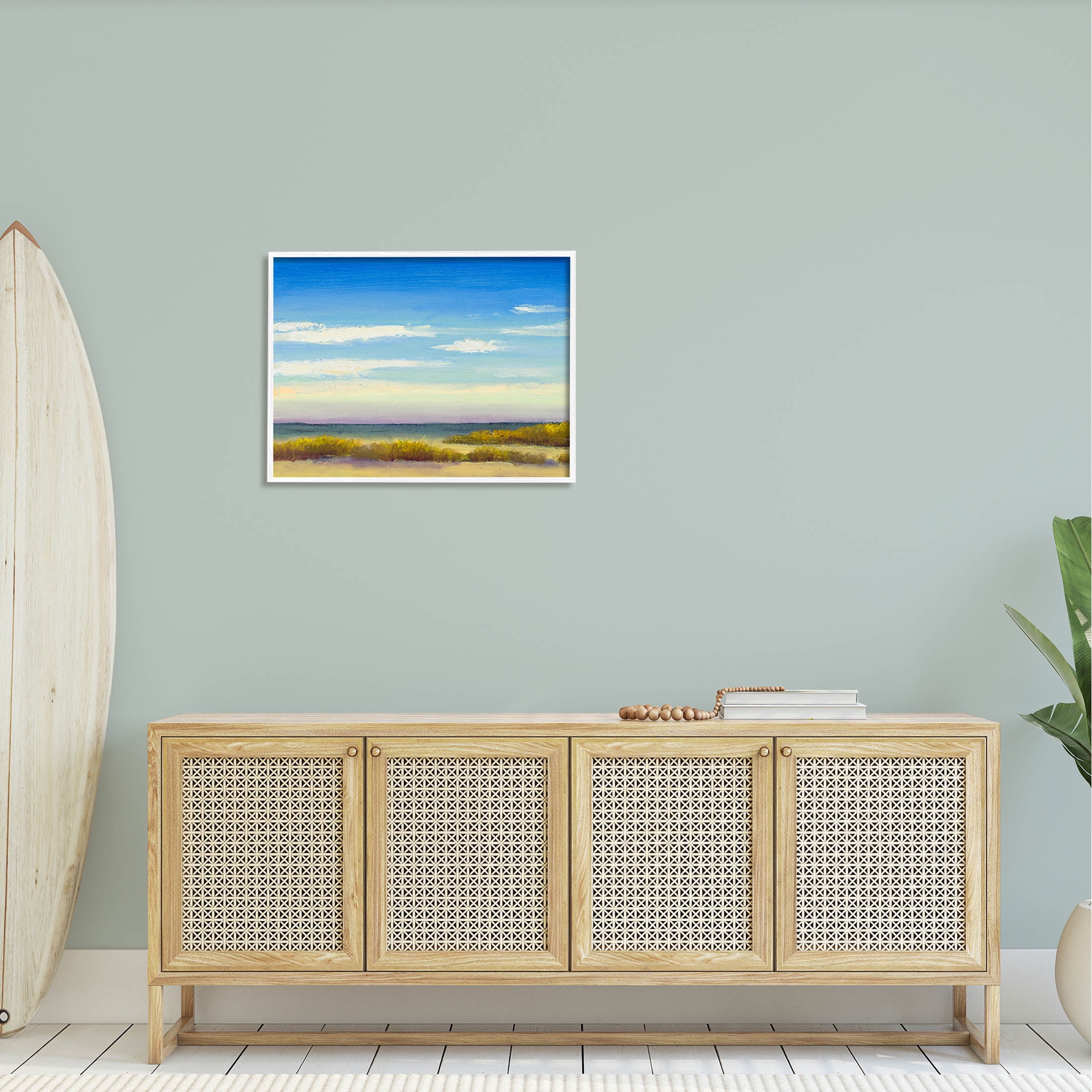 Coastal Beach Vivid Blue Sky Coastal Painting White Framed Art Print Wall Art