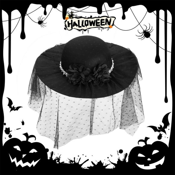 Women Halloween Witch Vintage Flower Feather Bowler Hat Fedora Hats with Veil Hat for Halloween Cosplay Party